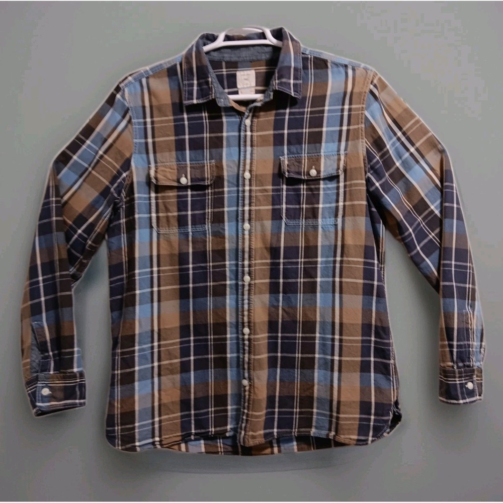 Gap Mens Flannel Shirt XL Plaid Button Up Long Sleeve Pockets Blue Brown